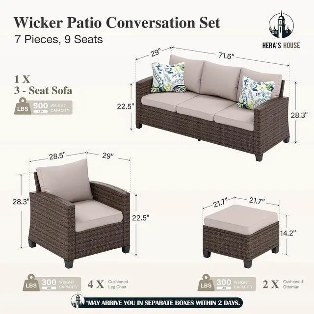 Alt view image 6 of 7 - HERA'S HOUSE Outdoor Patio Furniture Set,7 Pieces Wicker Conversation Sets | Outside Sectional Deep Seating Sofa Set for Lawn Backyard Porch, Brown/Beige