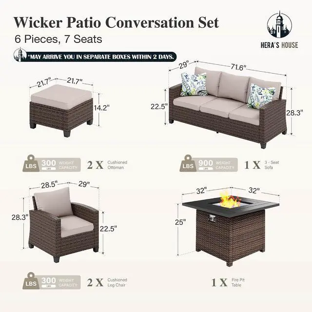 Alt view image 6 of 7 - HERA'S HOUSE Wicker Patio Furniture Set,with Fire Pit Table Outdoor Wicker | 6 Pieces Patio Conversation Set with Ottomans, Outside Sofa Sets for Poolside Backyard, Beige