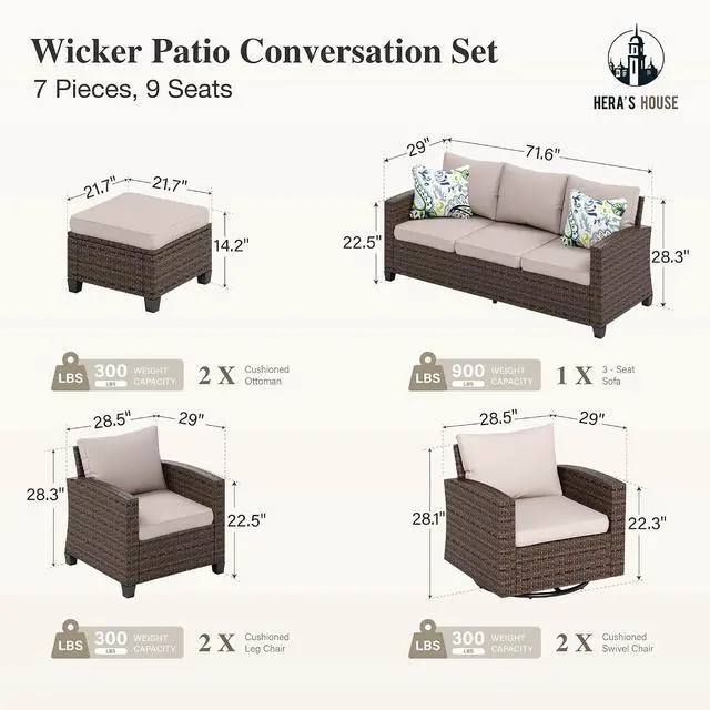 Alt view image 2 of 7 - HERA'S HOUSE Swivel Glider Patio Furniture Set,Wicker Outdoor Seating | 7 Pieces Patio Conversation Sofa Sets for Lawn Backyard Deck, Beige