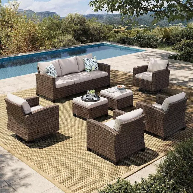 Main image of HERA'S HOUSE Swivel Glider Patio Furniture Set,Wicker Outdoor Seating | 7 Pieces Patio Conversation Sofa Sets for Lawn Backyard Deck, Beige