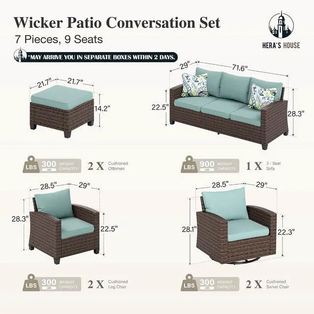 Alt view image 6 of 7 - HERA'S HOUSE Patio Furniture Set with Swivel Glide Chairs | Outdoor Sectional Sofa Set, 7 Pieces Patio Conversation Sets for Lawn Backyard Deck, Brown/Blue