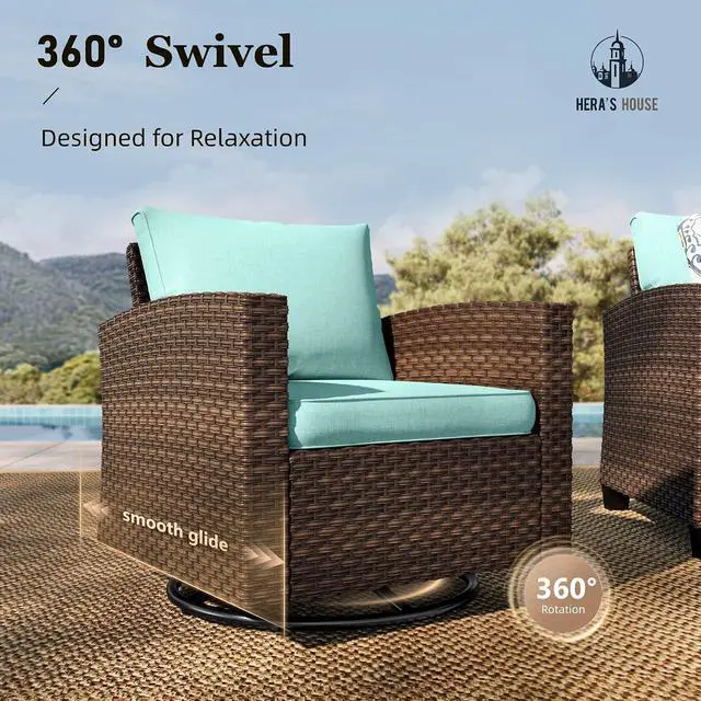 Alt view image 2 of 7 - HERA'S HOUSE Patio Furniture Set with Swivel Glide Chairs | Outdoor Sectional Sofa Set, 7 Pieces Patio Conversation Sets for Lawn Backyard Deck, Brown/Blue