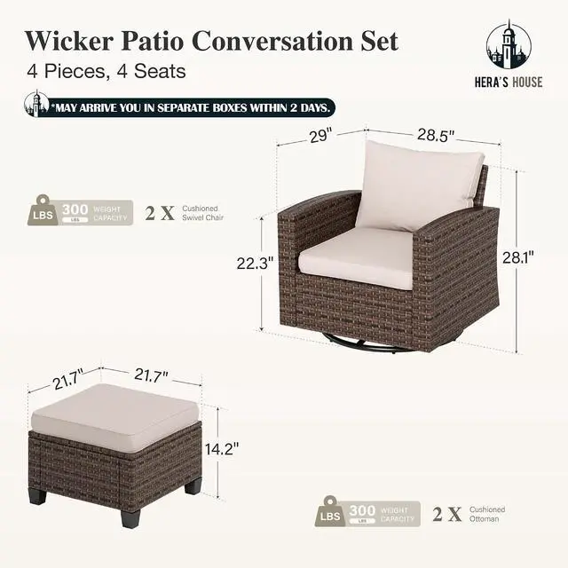 Alt view image 6 of 7 - HERA'S HOUSE Patio Wicker Chairs Outdoor Swivel Rocker Chairs Set | 4 Piece Outdoor Seating Furniture Conversation Sets with Ottoman for Lawn Deck Porch Pool, Brown/Beige