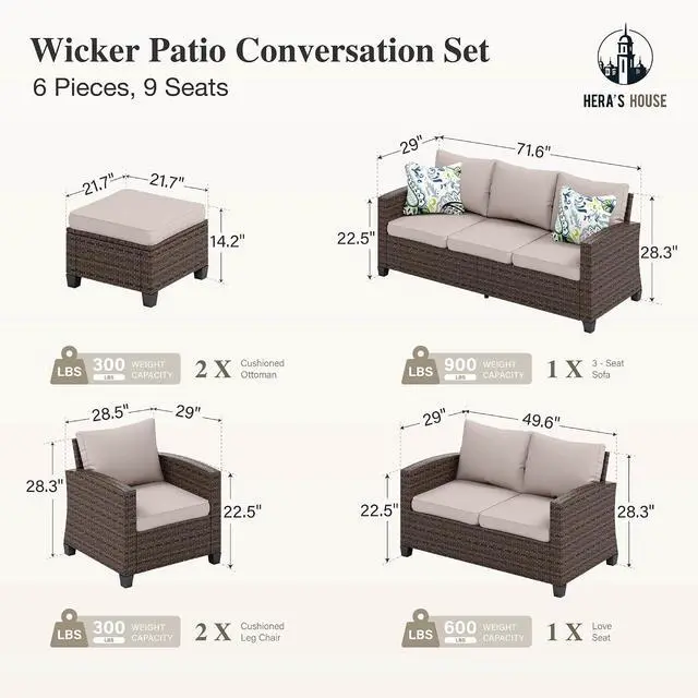 Alt view image 2 of 7 - HERA'S HOUSE Wicker Patio Furniture Set,Outdoor Sectional Conversation Set | 6 Pieces 9 Seats Outside Sofa Set for Lawn Backyard