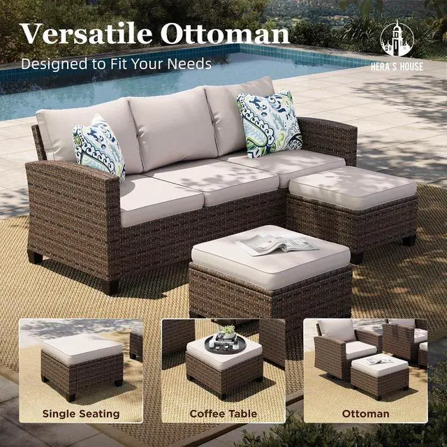 Alt view image 7 of 7 - HERA'S HOUSE Wicker Outdoor Patio Furniture Set with Swivel Glide Chairs | 6 Pieces Patio Conversation Sofa Sets for Backyard Porch Deck, Beige