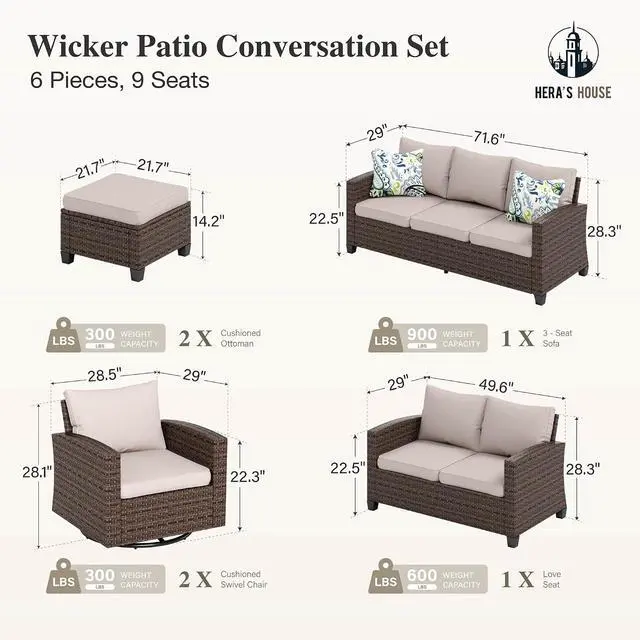 Alt view image 2 of 7 - HERA'S HOUSE Wicker Outdoor Patio Furniture Set with Swivel Glide Chairs | 6 Pieces Patio Conversation Sofa Sets for Backyard Porch Deck, Beige