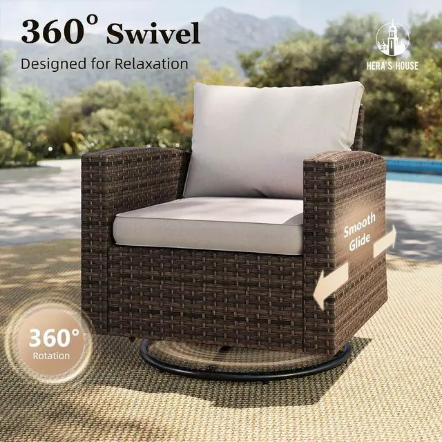 Alt view image 2 of 7 - HERA'S HOUSE Swivel Glide Patio Furniture Set with Fire Pit Table Wicker | Outdoor 6 Pieces Sectional Conversation Sofa Sets for Lawn Backyard Deck, Beige