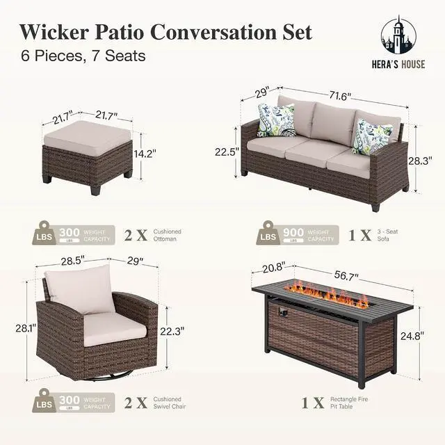 Alt view image 6 of 7 - HERA'S HOUSE Swivel Glide Patio Furniture Set with Fire Pit Table Wicker | Outdoor 6 Pieces Sectional Conversation Sofa Sets for Lawn Backyard Deck, Beige