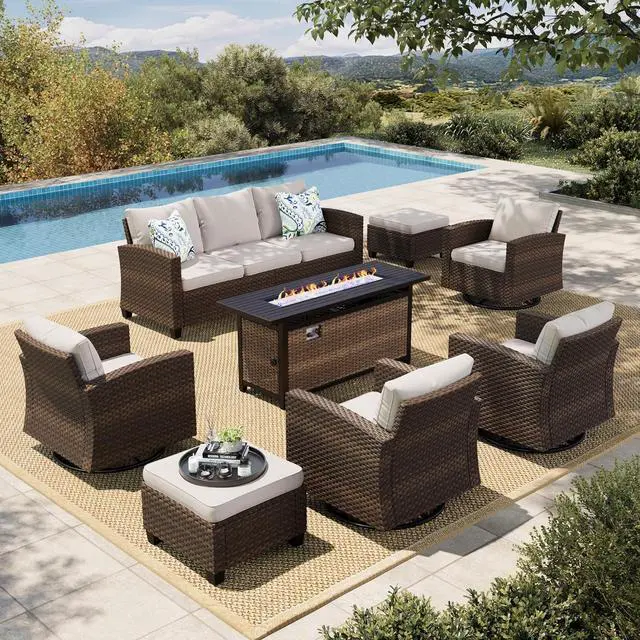 Main image of HERA'S HOUSE Swivel Glider Patio Wicker Furniture Set with Fire Pit Table | 8 Pieces Outdoor Seating Furniture Conversation Sets for Deck Backyard Lawn, Beige