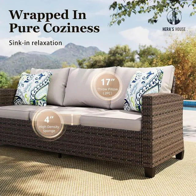 Alt view image 3 of 7 - HERA'S HOUSE Swivel Glider Patio Furniture Set with Fire Pit Table | 9 Pieces Outdoor Seating Furniture Wicker Conversation Sets for Deck Backyard Lawn, Beige