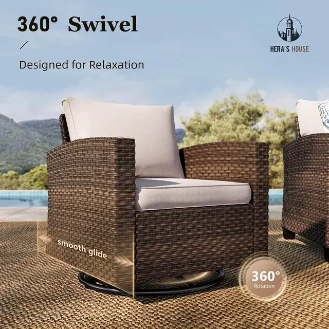 Alt view image 2 of 7 - HERA'S HOUSE Swivel Glider Patio Furniture Set with Fire Pit Table | 9 Pieces Outdoor Seating Furniture Wicker Conversation Sets for Deck Backyard Lawn, Beige