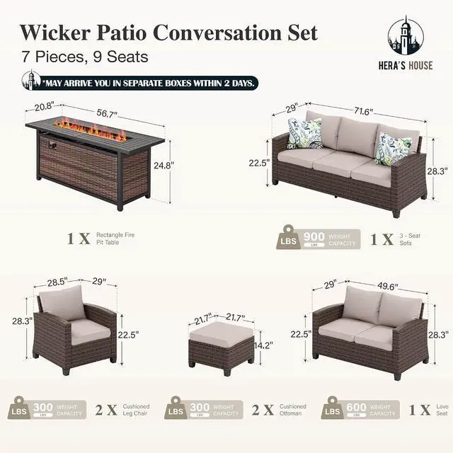 Alt view image 2 of 7 - HERA'S HOUSE Wicker Patio Furniture Set with Fire Pit Table Outdoor Wicker | Rattan Conversation Sofa Sets for Lawn Yard Garden Poolside
