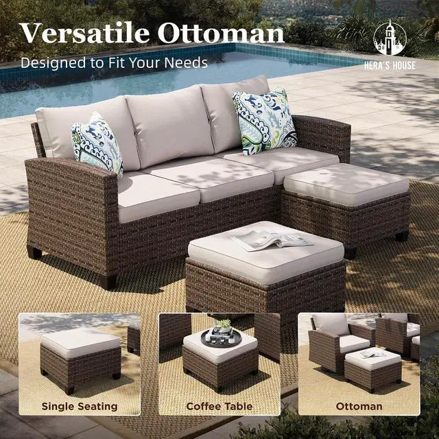 Alt view image 5 of 7 - HERA'S HOUSE Swivel Glide Wicker Patio Furniture Set,Outdoor Furniture Set | 5 Pieces Deep Seating Patio Conversation Sofa Sets for Lawn Deck Backyard, Beige