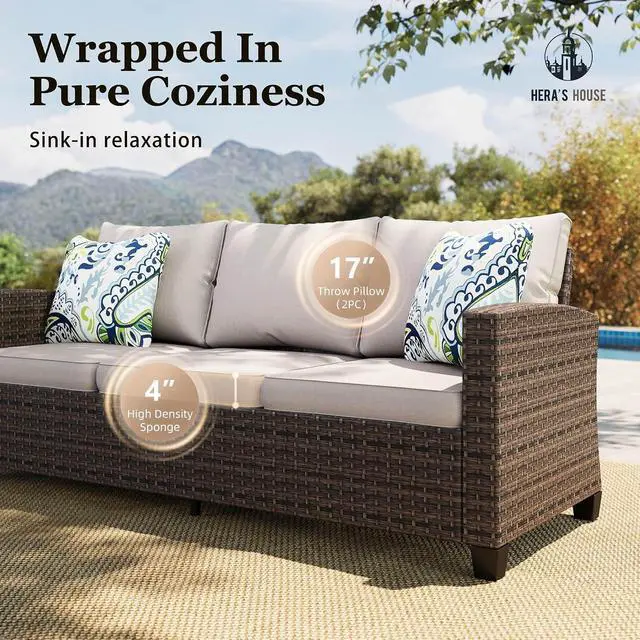 Alt view image 3 of 7 - HERA'S HOUSE Swivel Glide Patio Furniture Set with Fire Pit Table Wicker | Outdoor 6 Pieces Sectional Conversation Sofa Sets for Lawn Backyard Deck, Beige
