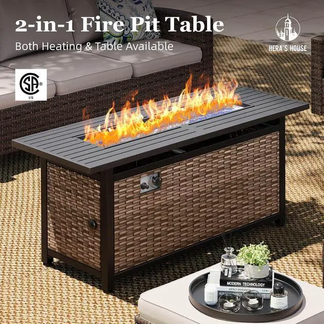 Alt view image 7 of 7 - HERA'S HOUSE Swivel Glide Patio Furniture Set with Fire Pit Table Wicker | Outdoor 6 Pieces Sectional Conversation Sofa Sets for Lawn Backyard Deck, Beige