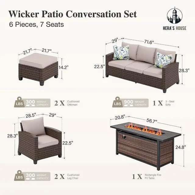 Alt view image 2 of 7 - HERA'S HOUSE Patio Furniture Set with Fire Pit Table Wicker Outdoor | Patio Conversation Sets, 6 Pieces 7 Seats Wicker Outside Sectional Sofa Set for Lawn Backyard Deck