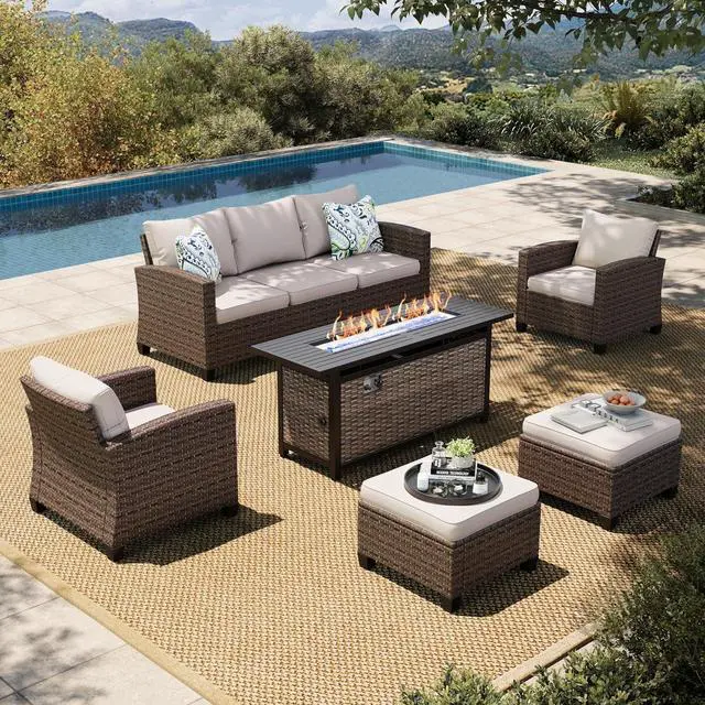 Main image of HERA'S HOUSE Patio Furniture Set with Fire Pit Table Wicker Outdoor | Patio Conversation Sets, 6 Pieces 7 Seats Wicker Outside Sectional Sofa Set for Lawn Backyard Deck
