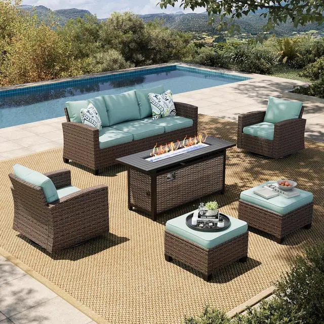 Main image of HERA'S HOUSE Swivel Glide Patio Furniture Set with Fire Pit Table Wicker | Outdoor 6 Pieces Sectional Conversation Sofa Sets for Lawn Backyard Deck, Blue