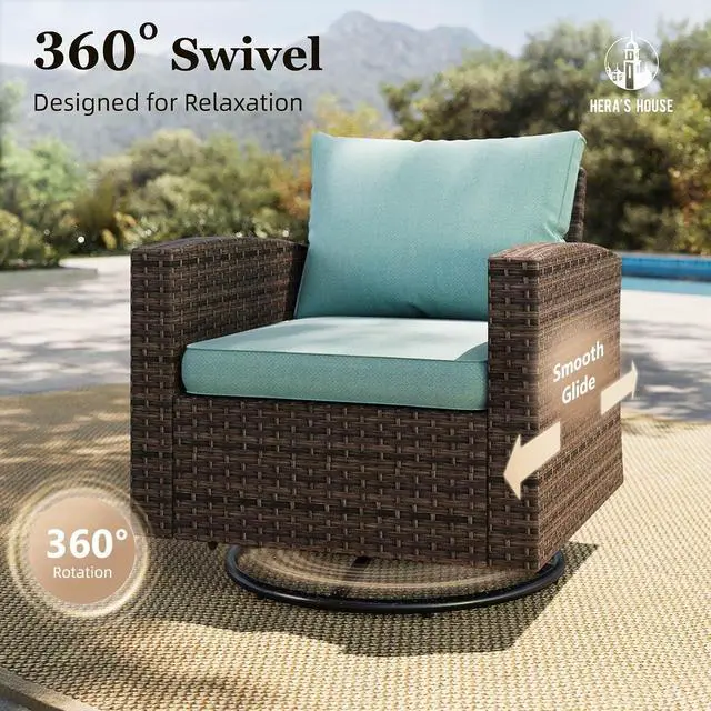 Alt view image 3 of 7 - HERA'S HOUSE Swivel Glide Patio Furniture Set with Fire Pit Table Wicker | Outdoor 6 Pieces Sectional Conversation Sofa Sets for Lawn Backyard Deck, Blue