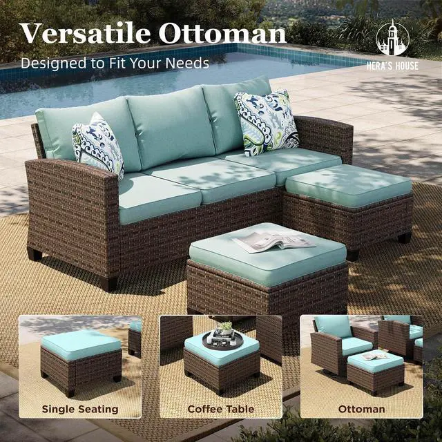 Alt view image 4 of 7 - HERA'S HOUSE 8 Pieces Wicker Patio Furniture Set with Fire Pit Table | Outdoor Rattan Conversation Set for Garden, Poolside, Backyard