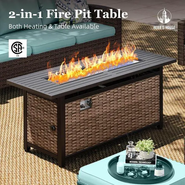 Alt view image 6 of 7 - HERA'S HOUSE Swivel Glide Patio Furniture Set with Fire Pit Table Wicker | Outdoor 6 Pieces Sectional Conversation Sofa Sets for Lawn Backyard Deck, Blue