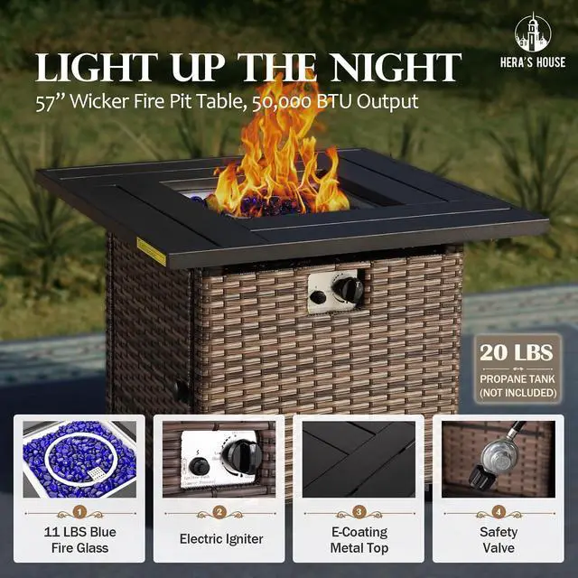 Alt view image 5 of 7 - HERA'S HOUSE 8 Pieces Wicker Patio Furniture Set with Fire Pit Table | Outdoor Rattan Conversation Set for Garden, Poolside, Backyard