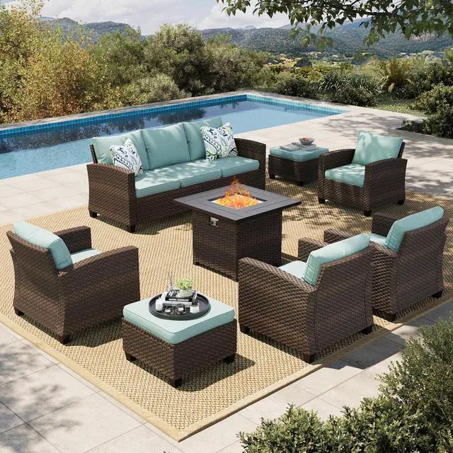 Main image of HERA'S HOUSE 8 Pieces Wicker Patio Furniture Set with Fire Pit Table | Outdoor Rattan Conversation Set for Garden, Poolside, Backyard