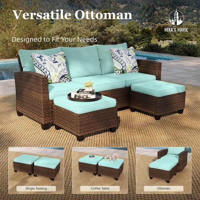 Alt view image 7 of 7 - HERA'S HOUSE Swivel Glide Patio Furniture Set with Fire Pit Table Wicker | Outdoor 6 Pieces Sectional Conversation Sofa Sets for Lawn Backyard Deck, Blue