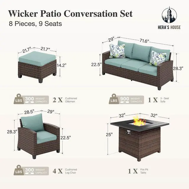 Alt view image 6 of 7 - HERA'S HOUSE 8 Pieces Wicker Patio Furniture Set with Fire Pit Table | Outdoor Rattan Conversation Set for Garden, Poolside, Backyard