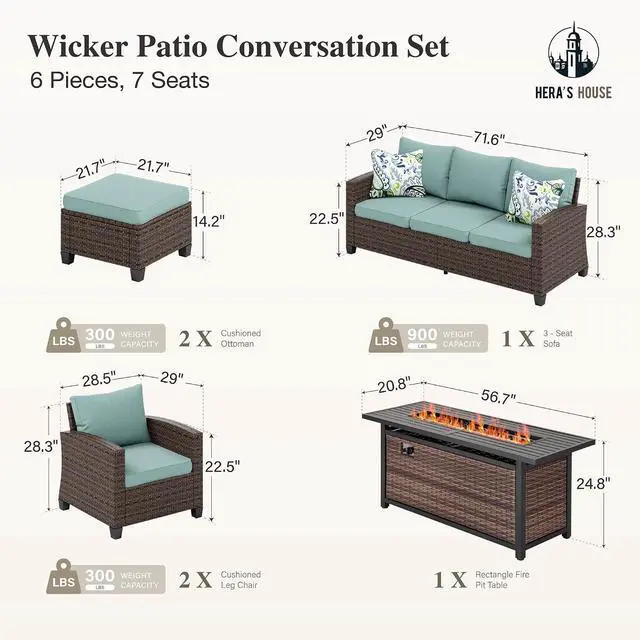 Alt view image 6 of 7 - HERA'S HOUSE Patio Furniture Set with Fire Pit | 6 Pieces Outdoor Wicker Furniture, All Weather Patio Conversation Sets with Thick Cushions for Lawn Backyard, Brown/Blue