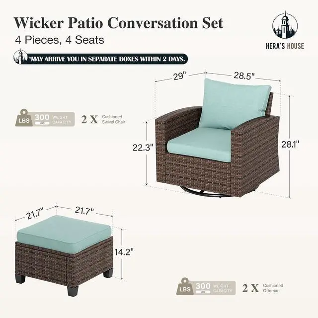 Alt view image 2 of 7 - HERA'S HOUSE Patio Wicker Chairs Outdoor Swivel Rocker Chairs Set | 4 Piece Outdoor Seating Furniture Conversation Sets with Ottoman for Lawn Deck Porch Pool, Brown/Blue