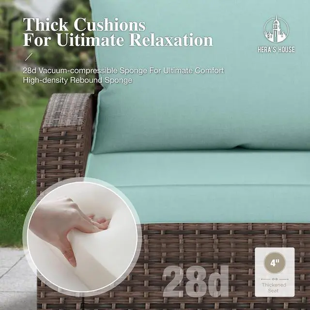 Alt view image 7 of 7 - HERA'S HOUSE 4 Pieces Patio Furniture Set, Swivel Rocking Chairs & Ottomans, Wicker Outdoor Conversation Set for Deck Garden Backyard Porch(Blue)
