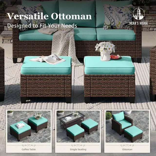 Alt view image 6 of 7 - HERA'S HOUSE Patio Wicker Chairs Outdoor Swivel Rocker Chairs Set | 4 Piece Outdoor Seating Furniture Conversation Sets with Ottoman for Lawn Deck Porch Pool, Brown/Blue