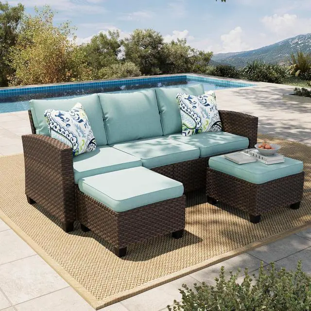 Main image of Small Patio Furniture Set,3 Pieces Wicker Outdoor L-Shaped Patio Couch Set | Sectional Modular Rattan Conversation Set with Lounge Sofa and Ottomans for Deck Lawn Garden, Blue