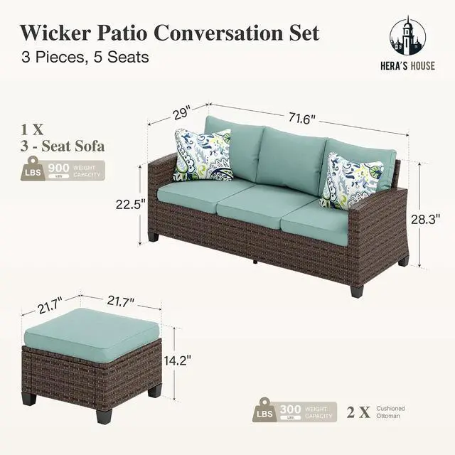 Alt view image 6 of 7 - Small Patio Furniture Set,3 Pieces Wicker Outdoor L-Shaped Patio Couch Set | Sectional Modular Rattan Conversation Set with Lounge Sofa and Ottomans for Deck Lawn Garden, Blue