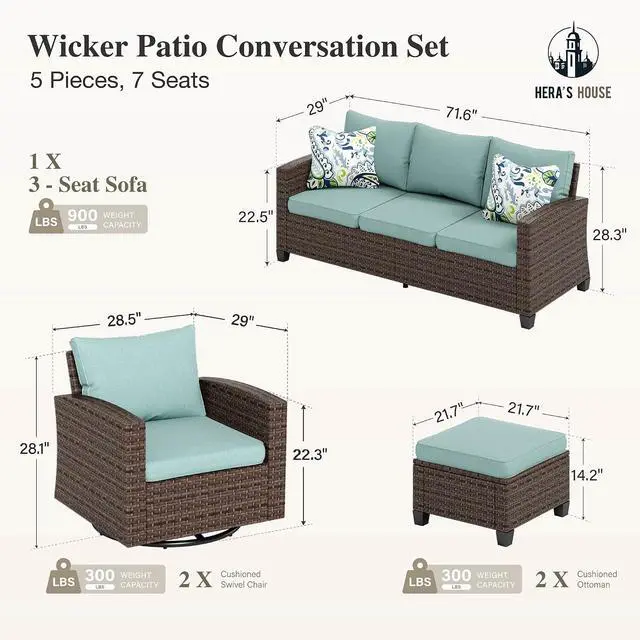 Alt view image 6 of 7 - HERA'S HOUSE Patio Furniture Set with Swivel Glide Chairs | 5 Pieces Outdoor Conversation Sofa Sets, Deep Seating Brown Wicker Rattan Furniture Set for Lawn Deck Backyard, Blue
