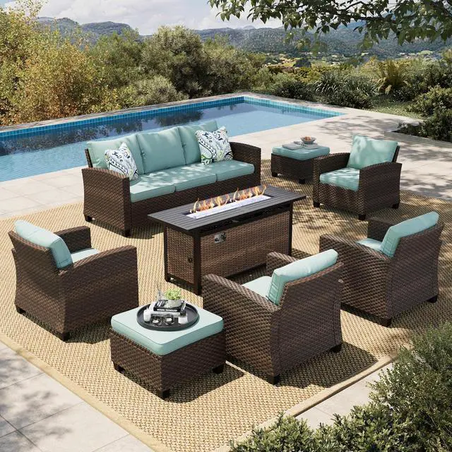 Main image of HERA'S HOUSE Patio Furniture Set with Fire Pit Table Outdoor Wicker Sofa | All Weather Deep Seating Conversation Set, Brown Rattan Chairs for Deck Backyard, Blue