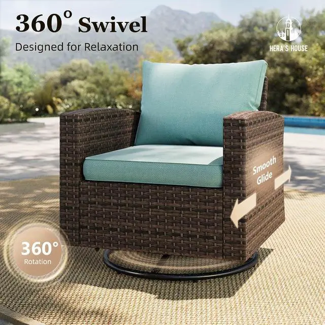 Alt view image 2 of 7 - HERA'S HOUSE Swivel Glider Patio Furniture Set with Firepit Outdoor Wicker | Outdoor Sectional Sets Table, 8 Pieces 9 Seats Outside Sofa for Lawn Deck Backyard, Blue