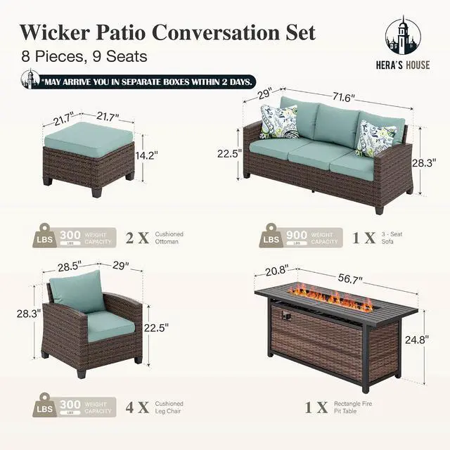 Alt view image 6 of 7 - HERA'S HOUSE Patio Furniture Set with Fire Pit Table Outdoor Wicker Sofa | All Weather Deep Seating Conversation Set, Brown Rattan Chairs for Deck Backyard, Blue