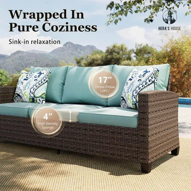 Alt view image 3 of 7 - HERA'S HOUSE Swivel Glider Patio Furniture Set with Firepit Outdoor Wicker | Outdoor Sectional Sets Table, 8 Pieces 9 Seats Outside Sofa for Lawn Deck Backyard, Blue