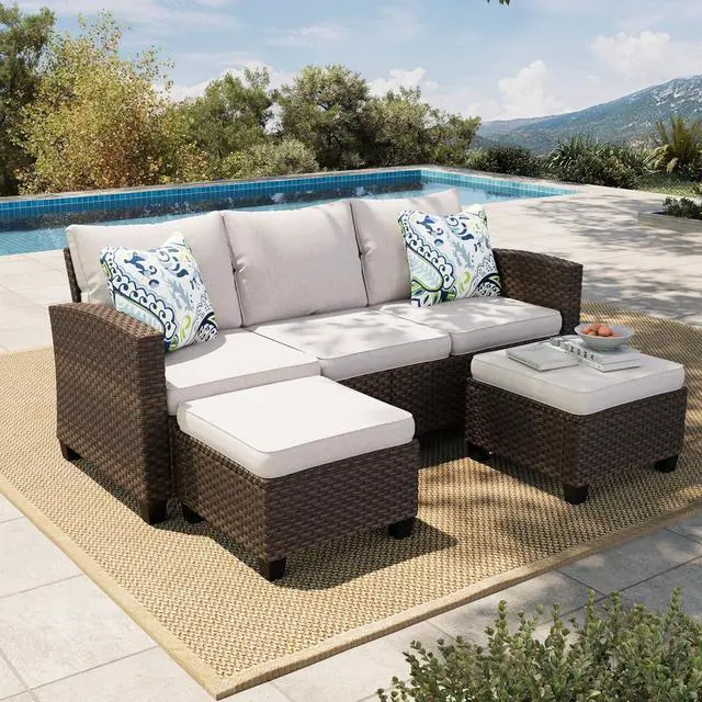 Main image of Small Patio Furniture Set,3 Pieces Wicker Outdoor L-Shaped Patio Couch Set | Sectional Modular Rattan Conversation Set with Lounge Sofa and Ottomans for Deck Lawn Garden, Beige