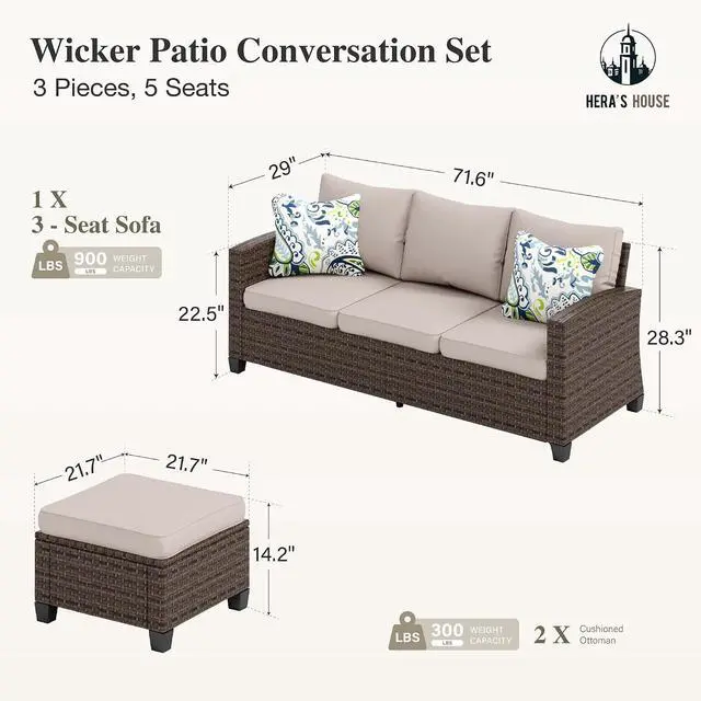Alt view image 6 of 7 - Small Patio Furniture Set,3 Pieces Wicker Outdoor L-Shaped Patio Couch Set | Sectional Modular Rattan Conversation Set with Lounge Sofa and Ottomans for Deck Lawn Garden, Beige