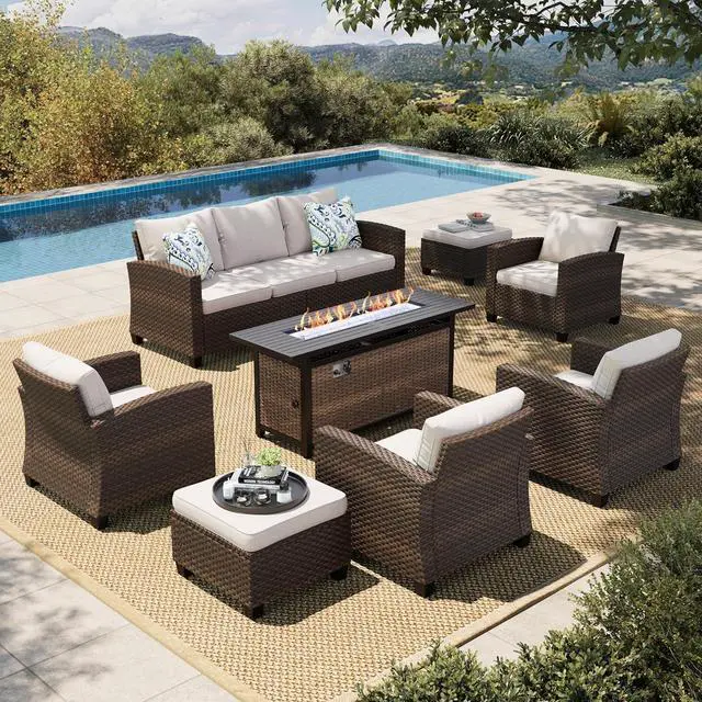 Main image of HERA'S HOUSE Patio Furniture Set, Outdoor Wicker Furniture with Fire Pit | 8 Pieces Deep Seating Outdoor Conversation Sofa Sets with Thick Cushions for Deck Backyard Lawn, Beige