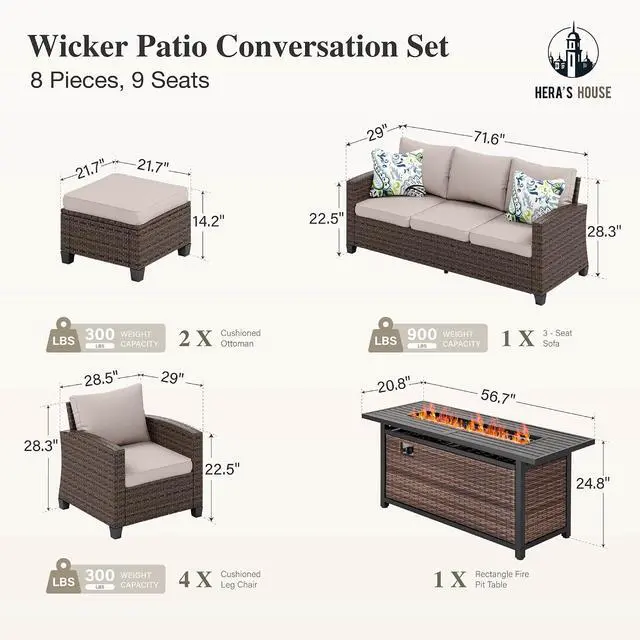 Alt view image 6 of 7 - HERA'S HOUSE Patio Furniture Set, Outdoor Wicker Furniture with Fire Pit | 8 Pieces Deep Seating Outdoor Conversation Sofa Sets with Thick Cushions for Deck Backyard Lawn, Beige