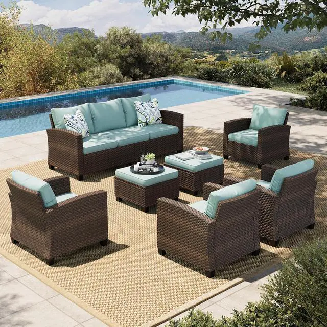 Main image of HERA'S HOUSE Outdoor Patio Furniture Set,7 Pieces Wicker Conversation Sets | Outside Sectional Deep Seating Sofa Set for Lawn Backyard Porch, Brown/Blue
