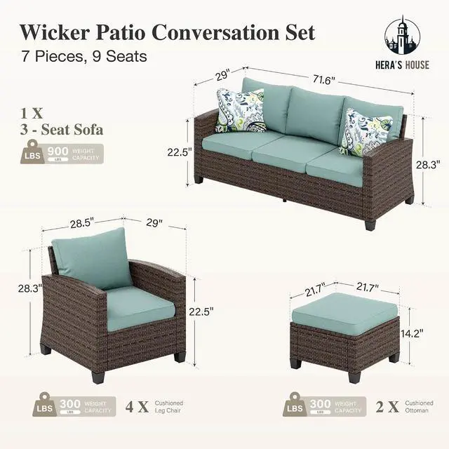 Alt view image 6 of 7 - HERA'S HOUSE Outdoor Patio Furniture Set,7 Pieces Wicker Conversation Sets | Outside Sectional Deep Seating Sofa Set for Lawn Backyard Porch, Brown/Blue