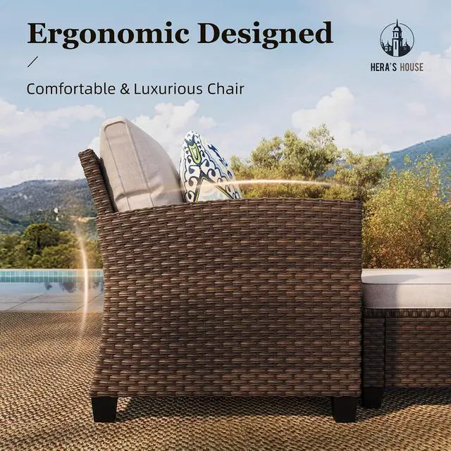 Alt view image 6 of 7 - HERA'S HOUSE Outdoor Patio Sofa, 3-Seat Wicker Couch with Waterproof Thick Cushions, Deep Seating Furniture for Garden Porch Backyard, Beige