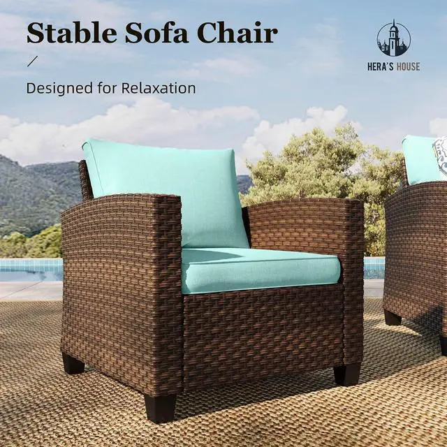 Alt view image 5 of 7 - HERA'S HOUSE Patio Wicker Chairs, Outdoor Rattan Chairs Set of 2, Wicker Patio Conversation Furniture Sets with 4" Thick Cushions for Lawn Deck Porch Pool, Brown/Blue