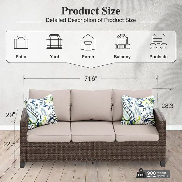Alt view image 2 of 7 - HERA'S HOUSE Outdoor Patio Sofa, 3-Seat Wicker Couch with Waterproof Thick Cushions, Deep Seating Furniture for Garden Porch Backyard, Beige