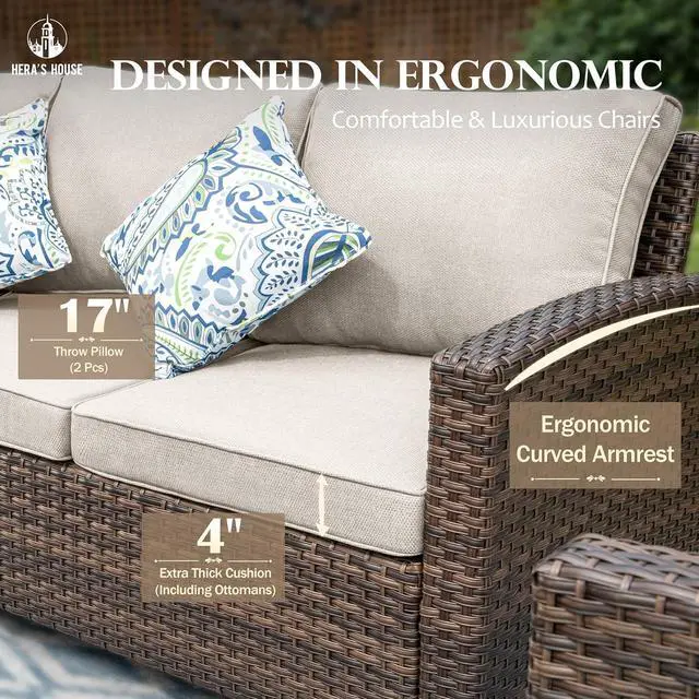 Alt view image 4 of 7 - HERA'S HOUSE Outdoor Patio Sofa, 3-Seat Wicker Couch with Waterproof Thick Cushions, Deep Seating Furniture for Garden Porch Backyard, Beige